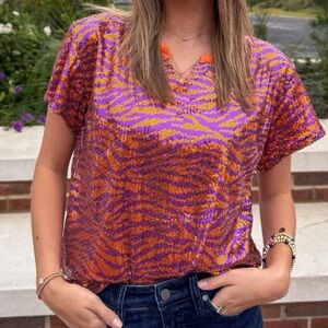 Mary Square Diane Orange & Purple Tiger Stripe Sequin Top